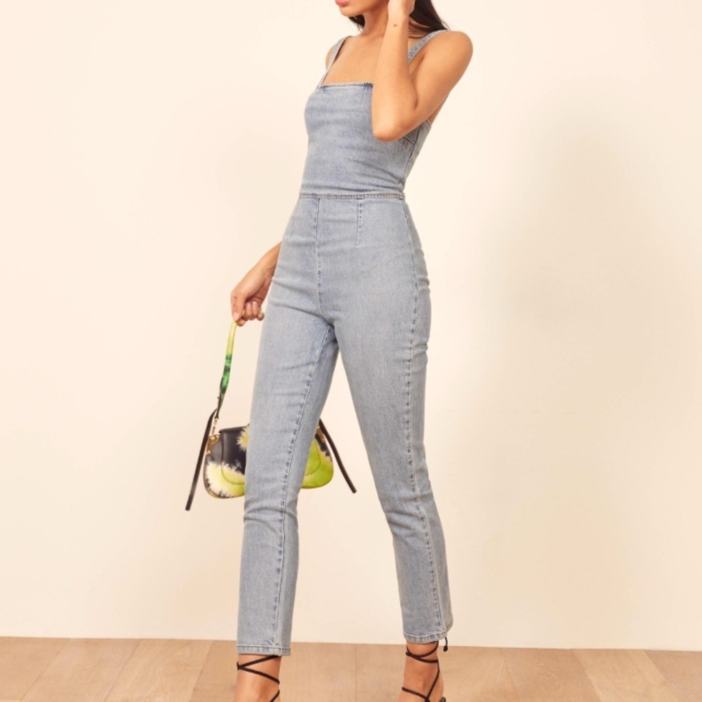 Reformation 6 Miley denim adjustable strap jumpsuit